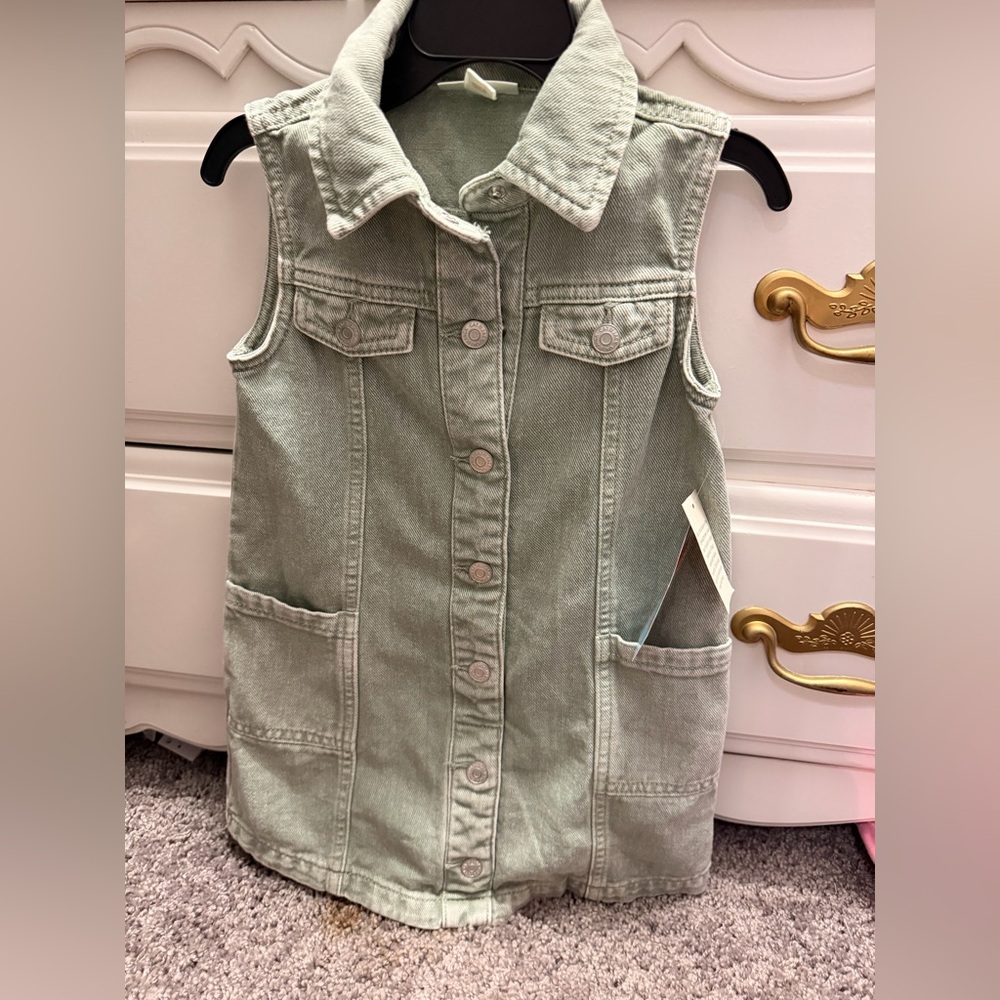 Sleeveless Button Front Denim Dress - Sage Green